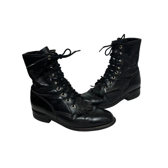 Justin Boots VTG 80s Granny Black Leather Riding Western Lace Up Paddock 5.5C - Picture 1 of 8